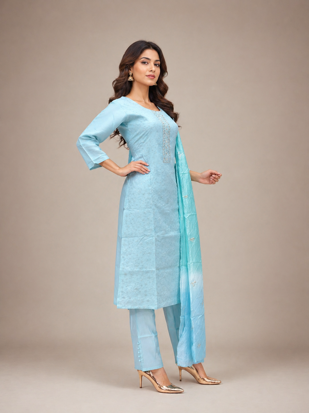 Light Blue Chikan Work Suit Set