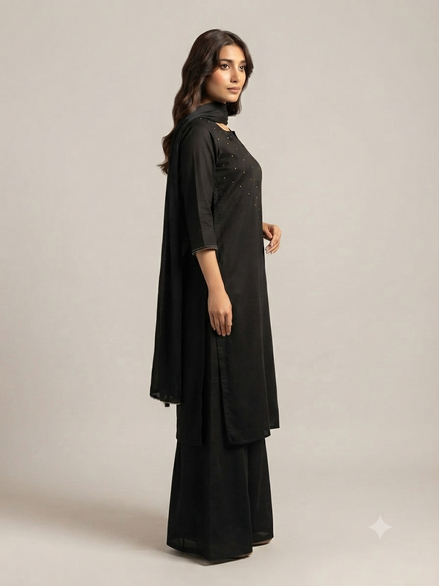 A minimalist and elegant three-piece traditional ethnic ensemble.