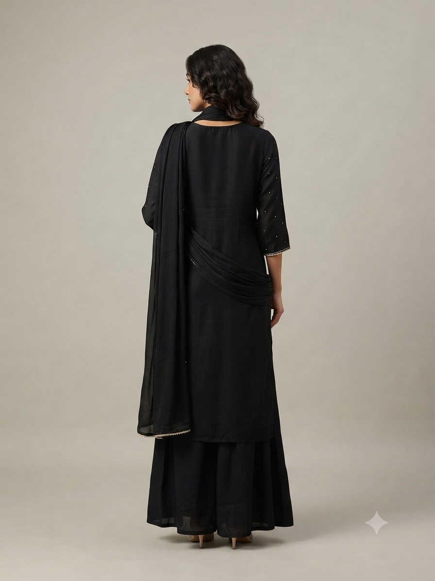 A minimalist and elegant three-piece traditional ethnic ensemble.