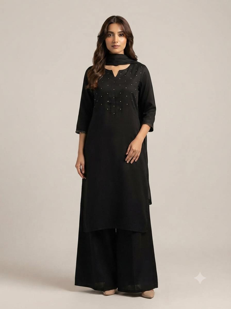 A minimalist and elegant three-piece traditional ethnic ensemble.