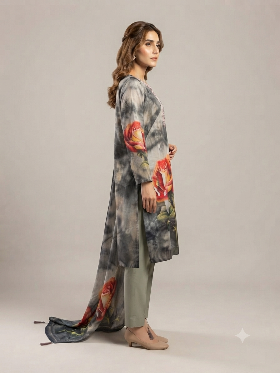 3-Piece Digitally Printed & Embroidered Salwar Kameez Suit (with Dupatta).