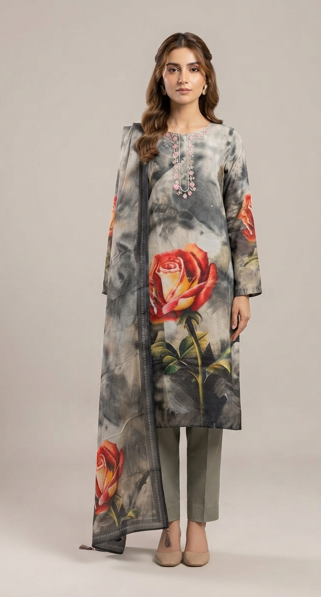 3-Piece Digitally Printed & Embroidered Salwar Kameez Suit (with Dupatta).
