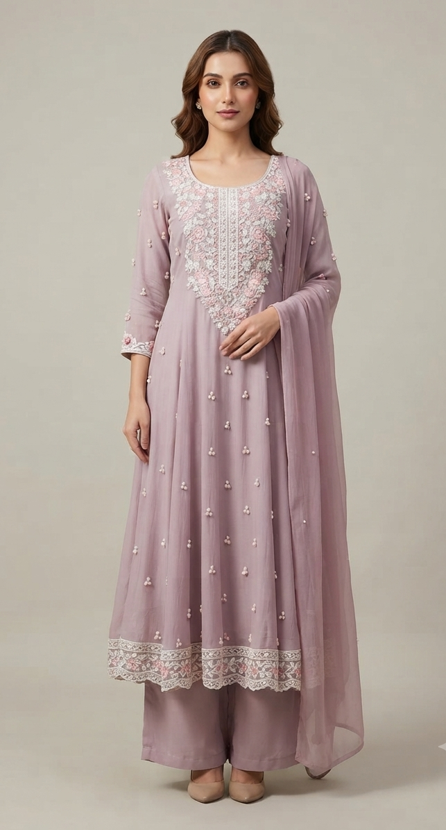 flared long kurta set paired with wide-leg palazzo pants